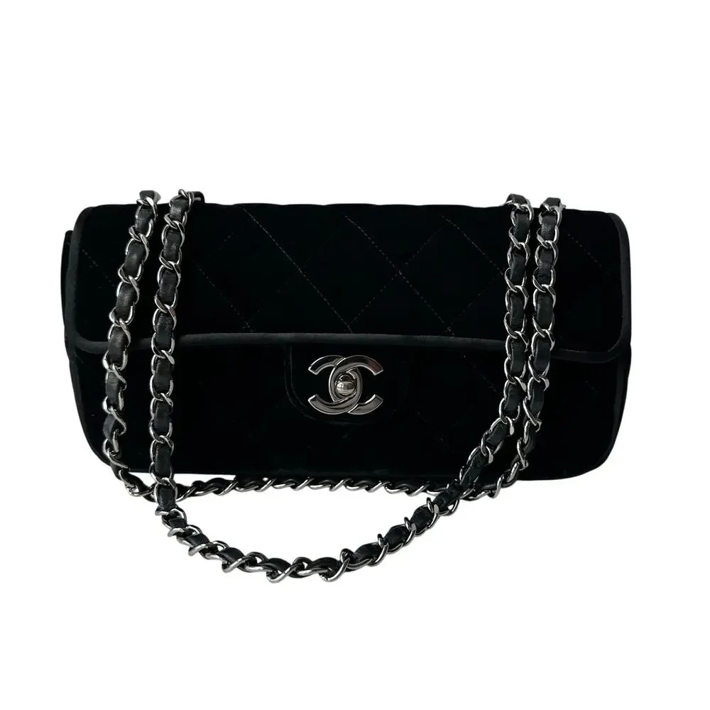 Chanel Matelassé CC Black Velvet East West Baguette Flap Bag SHW 05/06